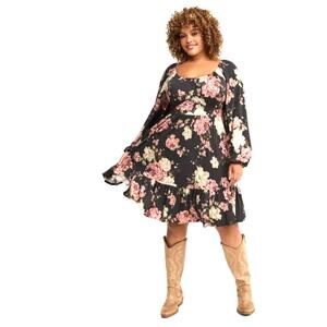 Torrid Plus Size Tiered Long Sleeve Mini Dress Black Floral Size 2X 18/20 NWT